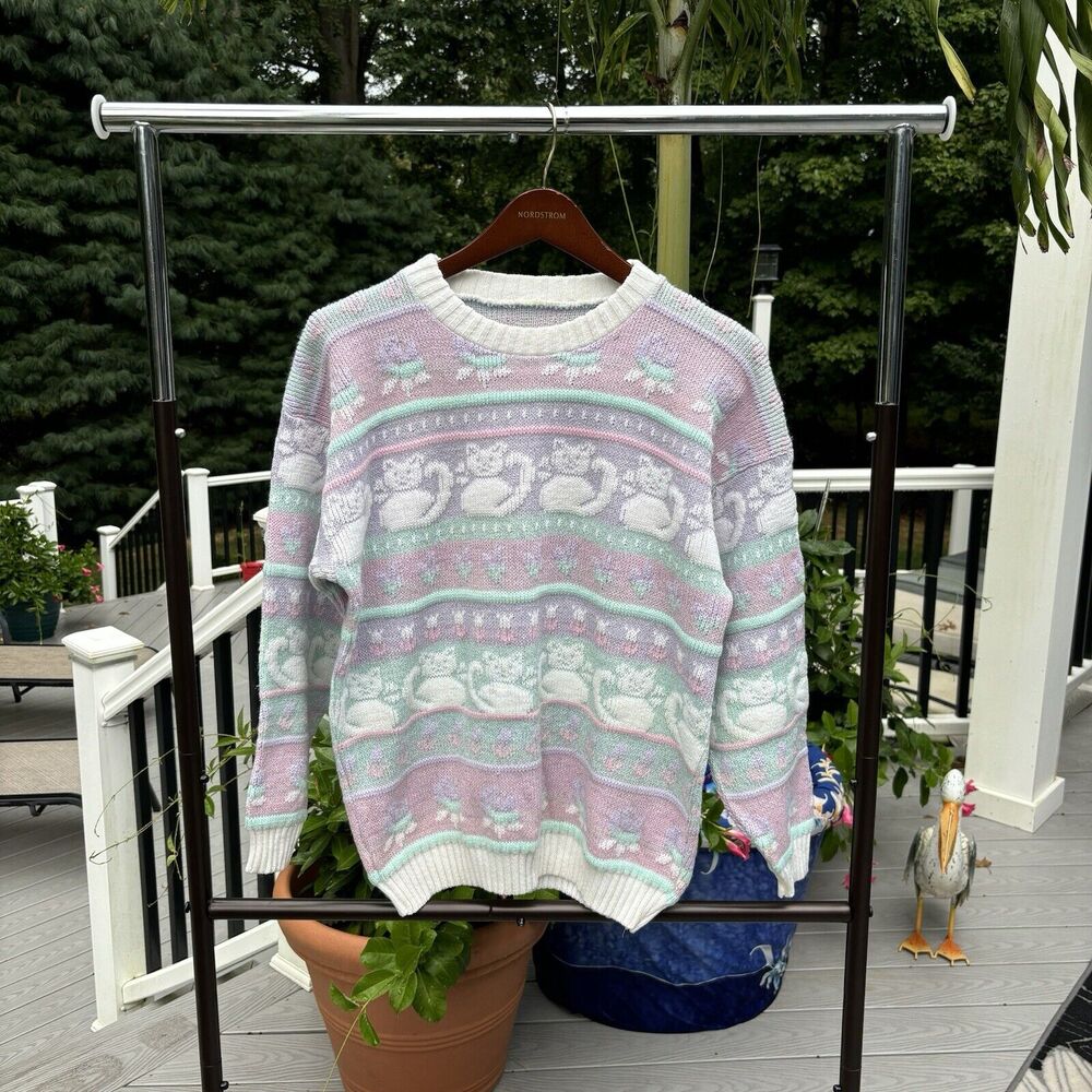 Vintage 80s Pastel Knit Sweater Cat Kittens Rose Brand Fairy Womens M Crewneck